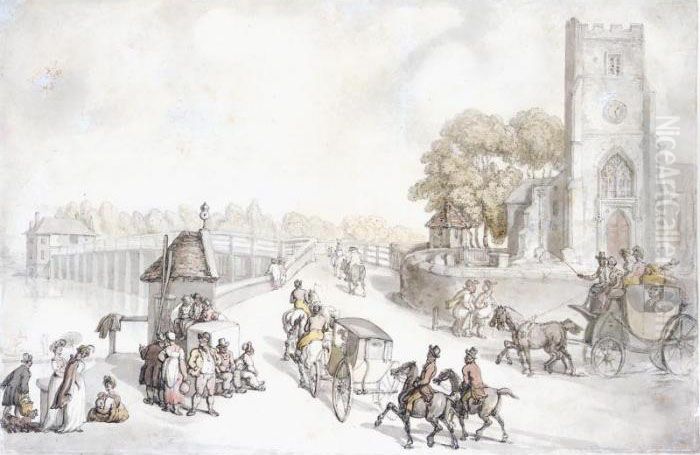Putney Bridge From The South Side, London Oil Painting by Thomas Rowlandson