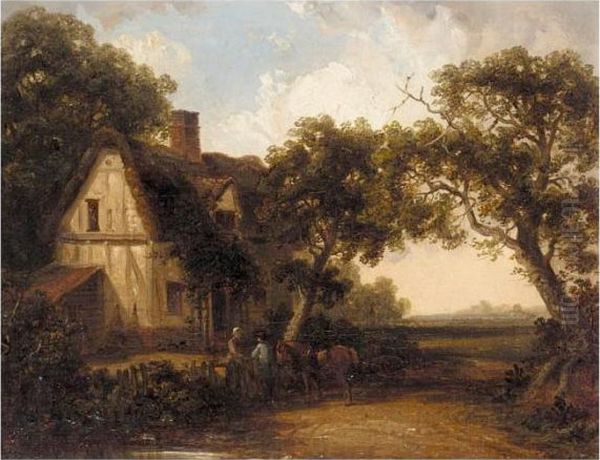 Cattle Drinking At A Stream By A Cottage; Two Peasants Talking By A Cottage Oil Painting by Thomas Smythe