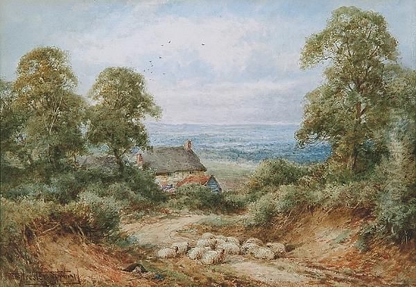 Sheep Resting In A Country Lane With Cottage And Landscape Beyond Oil Painting by Henry John Sylvester Stannard