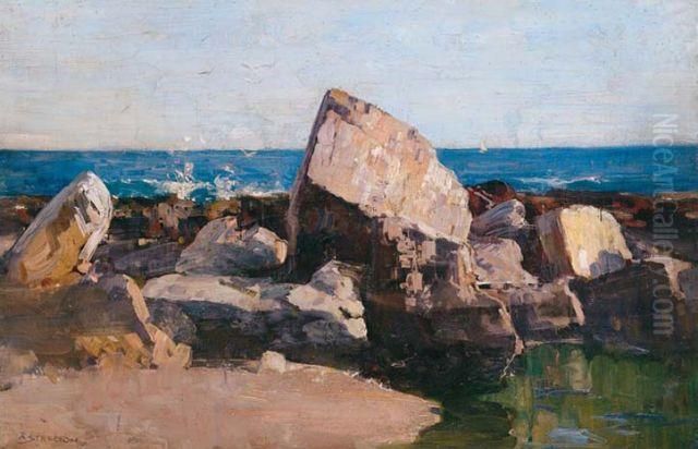 Rocks And Ocean 1921 Oil Painting by Arthur Streeton