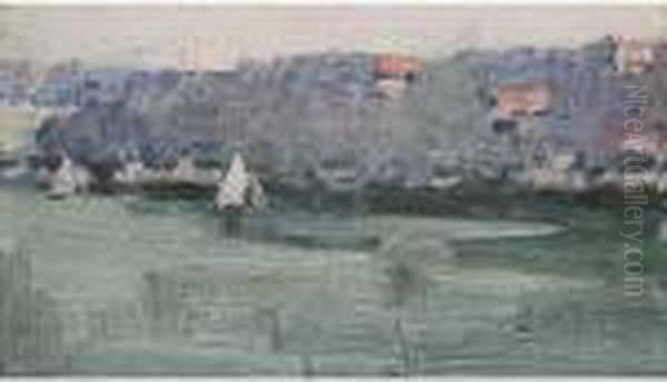 Yachts And Headland Oil Painting by Arthur Streeton