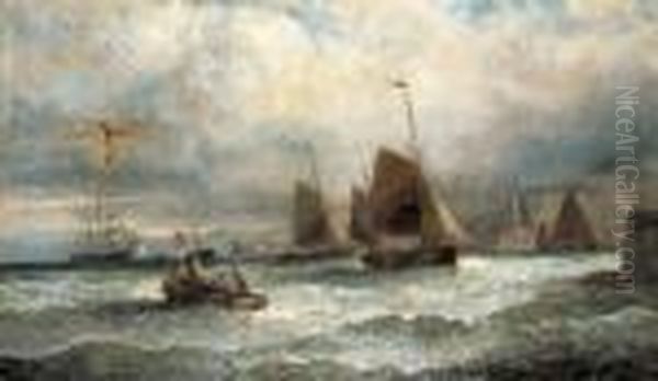 Fishing Smacks At The Entrance To The Harbour Oil Painting by William A. Thornley or Thornbery