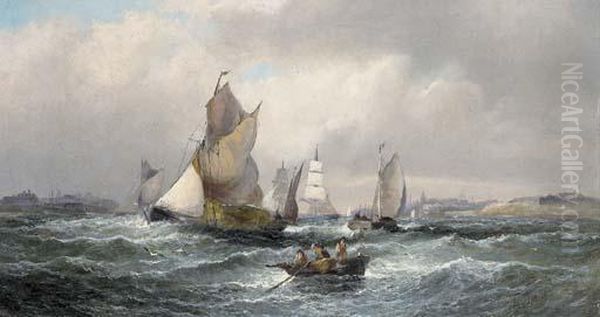 Hay Barges At The Mouth Of The Medway; And Shipping In A Calm Off The South Coast Oil Painting by William A. Thornley or Thornbery