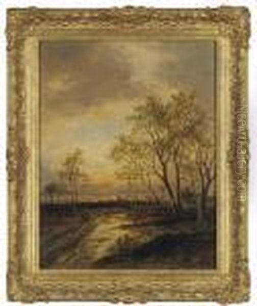 A Rural Landscape At Sunset With Figures On A Path Oil Painting by Joseph Thors