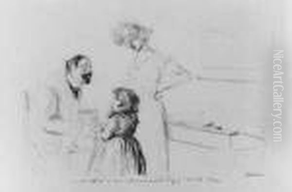 Mutter Mit Kleinem Madchen Bei 
Einem Altlichen Kavalier. Signiert Unten Rechts: Forain. Rotel Und 
Schwarze Kreide Auf Papier. 37; B 52,4 Cm. Gebraunt. Beiliegend: 
Franzosischer Meister Des Spaten 19. Jahrhunderts Stehende Dame Mit 
Cul-de-paris. Kr Oil Painting by Jean-Louis Forain