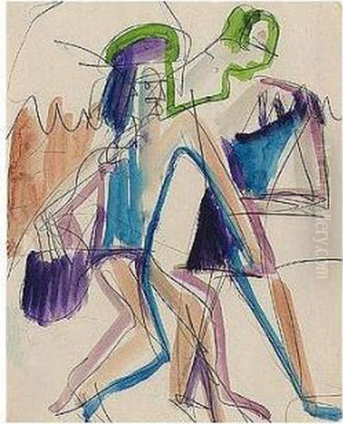 Zwei Figuren - Tanzer (two Figures - Dancers) Oil Painting by Ernst Ludwig Kirchner