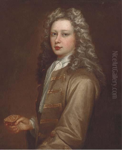 Portrait Of Edmund Kershaw 
(b.1701), Half-length, Wearing An Olivejacket, White Cravat, And Holding
 A Silver Box Oil Painting by Sir Godfrey Kneller
