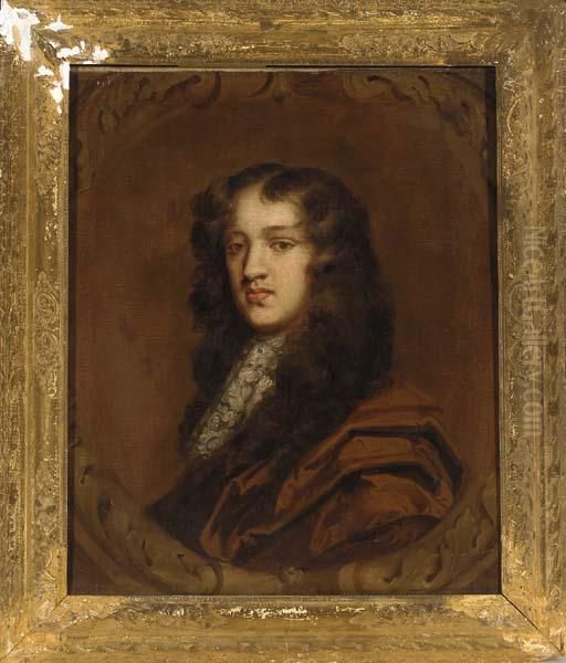 Portrait Of A Gentleman, 
Bust-length, In A Brown Wrap And Lace Jabot, Feigned Oval Cartouche Oil Painting by Sir Peter Lely