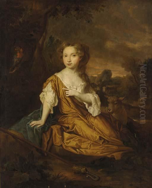 Portrait Of Miss Pearl Of 
Aconbury, Full-length, In A Yellow And White Dress, As A Shepherdess, In
 A Landscape Oil Painting by Sir Peter Lely
