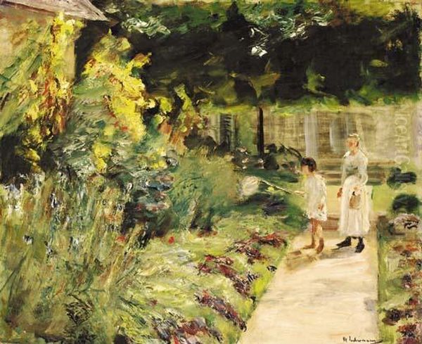 Die Enkelin Des Kunstlers Mit 
Ihrem Kindermadchen Im Nutzgarten Des Landhauses In Wannsee Oil Painting by Max Liebermann