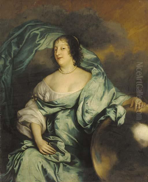 Portrait Of Rachel, Countess Of 
Southampton, As Fortune, Seated Three-quarter-length, In A White Dress 
And Blue Wrap, Her Hand Resting On A Globe Oil Painting by Sir Anthony Van Dyck