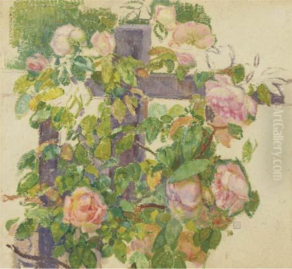 Pink Roses Over A Fence Oil Painting by Theo van Rysselberghe