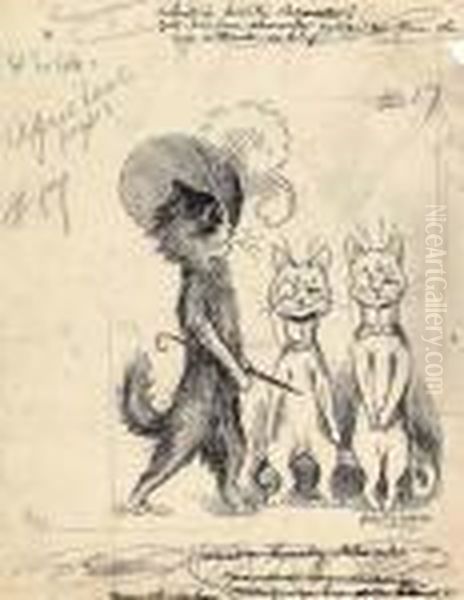 A Lady Cat Walking Past Two Monocled Gentleman Cats Oil Painting by Louis Wain