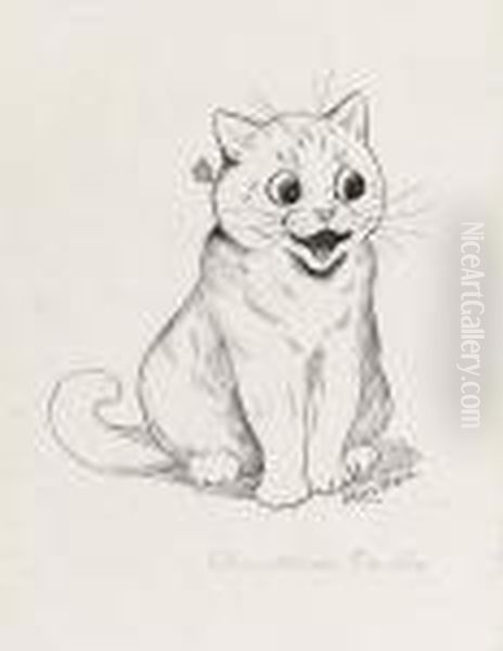 Design For A Christmas Card: A Happy Cat Recto And A Sketch Of Acat Verso Oil Painting by Louis Wain