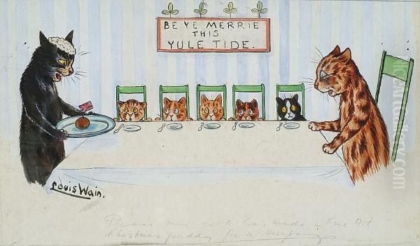 Please Mum, Cook Has Made A Fine Art Chritsmas Pudding For A Surprise Oil Painting by Louis Wain