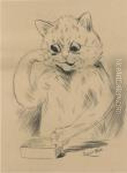 Grooming (illustrated); And Looking Pretty Oil Painting by Louis Wain