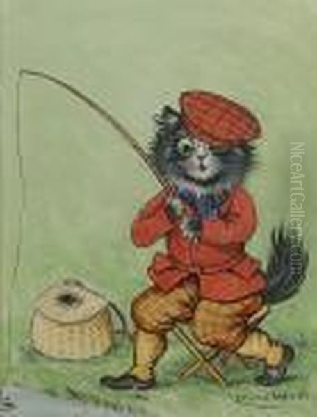 Cat Fishing Oil Painting by Louis Wain
