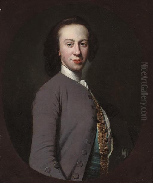 Portrait Of A Gentleman, 
Half-length, In A Grey Coat And Blue Waistcoat With Gold Frogging, In A 
Feigned Oval Oil Painting by Richard Wilson