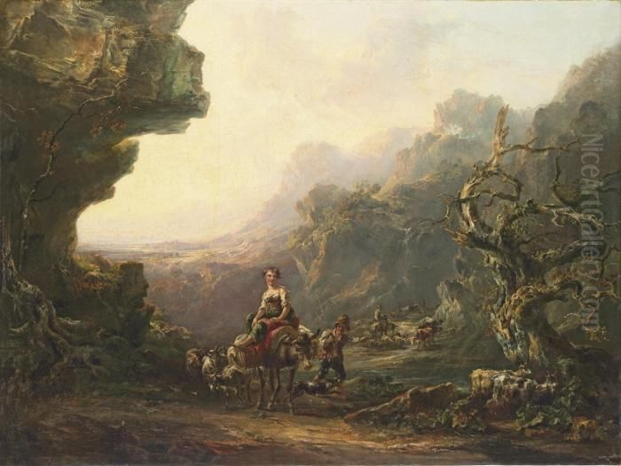 A Mountainous Landscape With 
Travellers On A Path In The Foreground, A Herd Of Sheep Fording A River 
Beyond Oil Painting by Thomas Barker of Bath