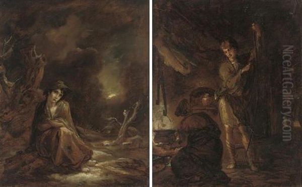 Scenes From William Cowper's 
'the Task' (1785): A Moonlit Winter Landscape With 'crazy Kate' At Rest 
On A Track; And A Boy Stringing A Bow Oil Painting by Thomas Barker of Bath