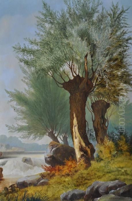 A Treelined River Oil Painting by Henry John Boddington