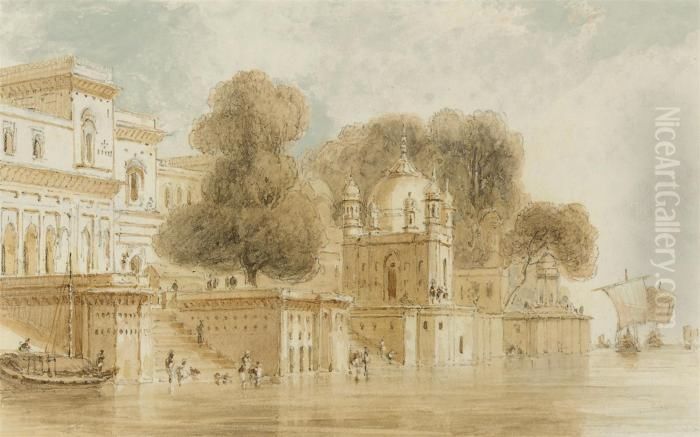 Ghats At Bithur Oil Painting by William Daniell RA