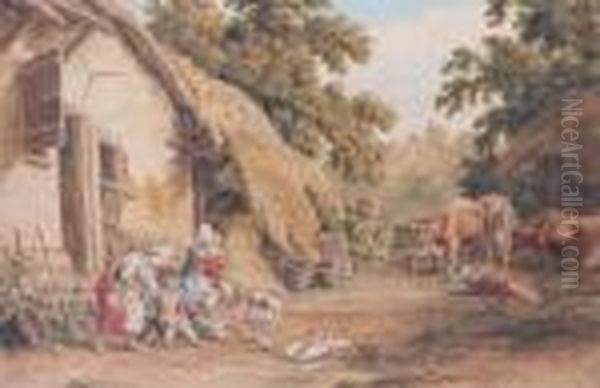 Figure On Horseback Before An 
Inn And Children, Cattle And Ducks Before A Cottage And Barn Oil Painting by Robert Hills