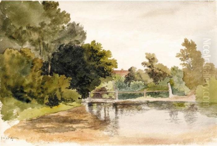 Trees At The Water's Edge Oil Painting by Robert Hills