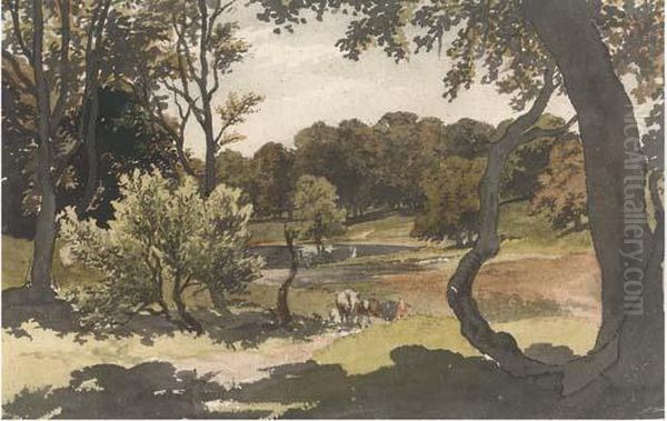 Cows Grazing In A Wooded Landscape Oil Painting by Robert Hills