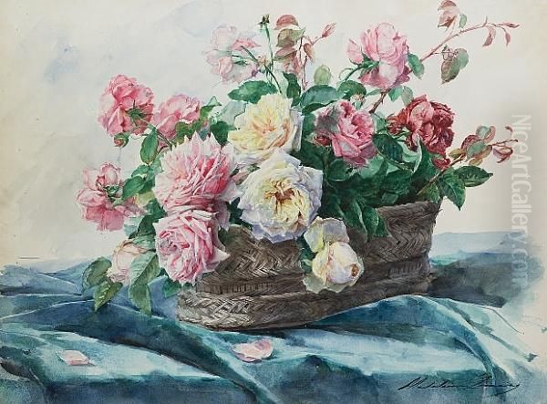 Still Life Of A Basket Of Roses Oil Painting by Madeleine Jeanne Lemaire