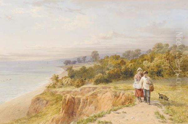 Two Children With A Dog, On A Coastal Path, Devon Oil Painting by John Henry Mole