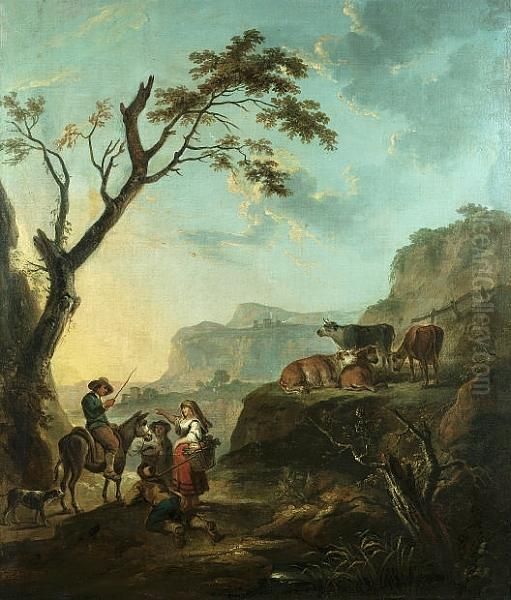 A Rocky Landscape With Travellers On A Path And Cattle Grazing Nearby Oil Painting by Thomas Barker of Bath