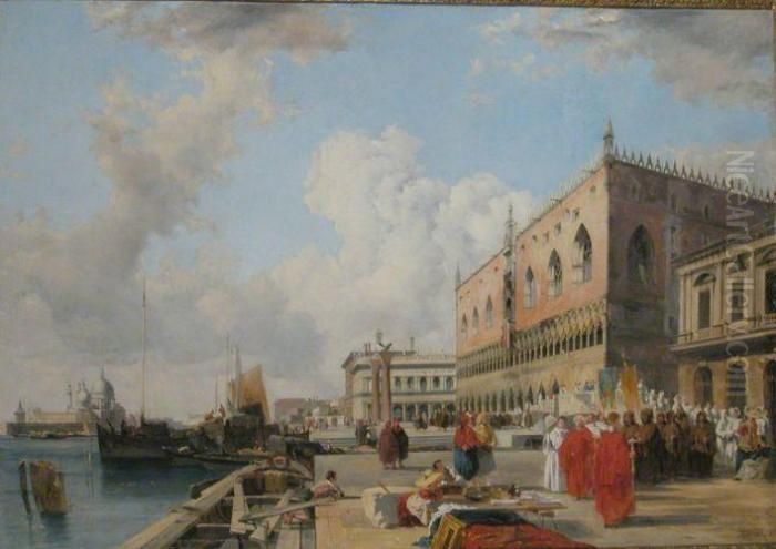 Ducal Palace With A Religious Procession, Venice Oil Painting by Richard Parkes Bonington