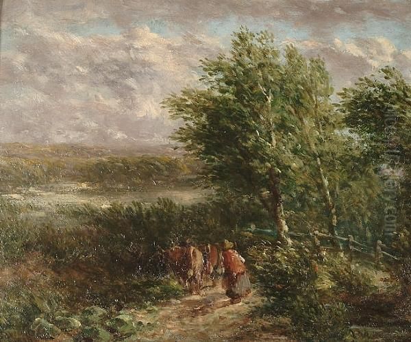 Landscape With Cattle And A Drover On A Path Oil Painting by David I Cox