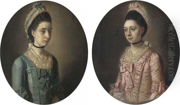 Portrait Of A Lady, Small 
Half-length, In A Pink Dress; Andportrait Of A Lady, Small Half-length, 
In A Blue Dress, In Apainted Oval Oil Painting by John Downman
