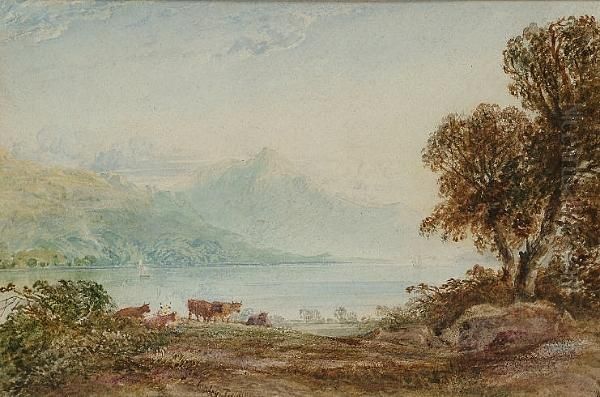 Vandyke Cattle By A Lake Oil Painting by Anthony Vandyke Copley Fielding