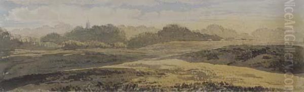 A Wooded Landscape With A Church Spire In The Distance Oil Painting by John Glover