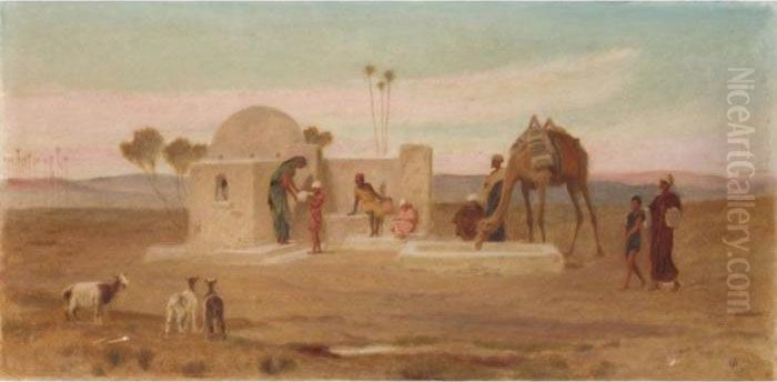 The Wayside Well And Water Trough Near Cairo; Shepherds At Gizeh Oil Painting by Frederick Goodall
