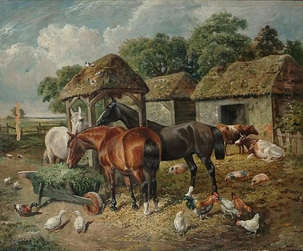 Horses In A Farmyard With Cattle And Other Animals Oil Painting by John Frederick Herring Snr