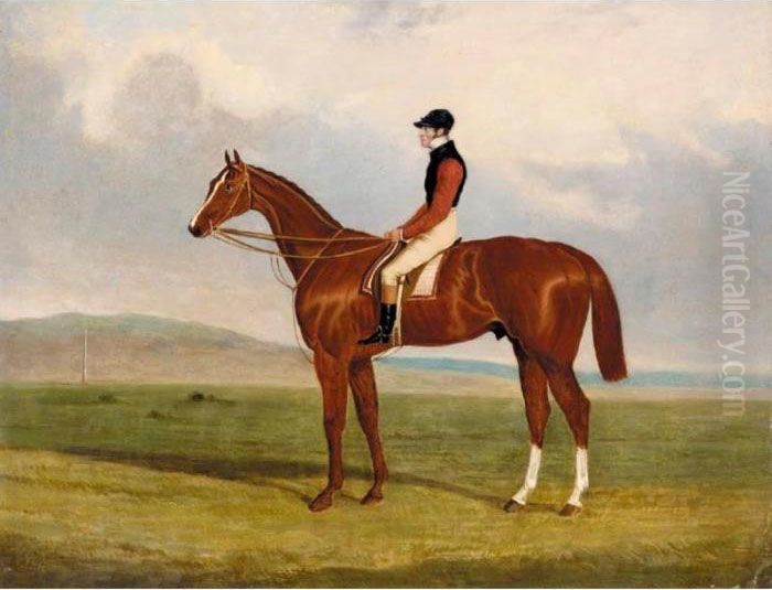 Elis, A Chestnut Racehorse With 
John Day Up Wearing The Colours Of Lord Lichfield, A Racecourse Beyond Oil Painting by John Frederick Herring Snr