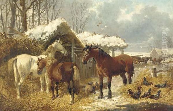 A Winter Landscape With Horses In A Barnyard Oil Painting by John Frederick Herring Snr