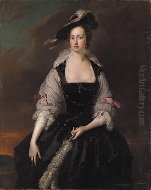 Portrait Of Lady Frances 
Courtenay (d.1761), Daughter Of Heneagefinch, 2nd Earl Of Aylesford, 
Three-quarter-length, In Black Andwhite Van Dyck Costume With Pink Bows,
 In A Landscape Oil Painting by Thomas Hudson