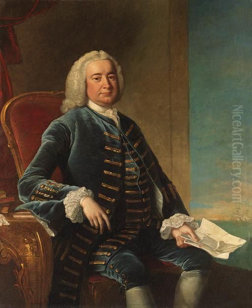 Portrait Of A Naval Officer, 
Once Identified As Captain Thomascoram, Three-quarter-length, Seated In A
 Blue Coat And Waistcoat, Adocument In His Right Hand, The Sea Beyond Oil Painting by Thomas Hudson