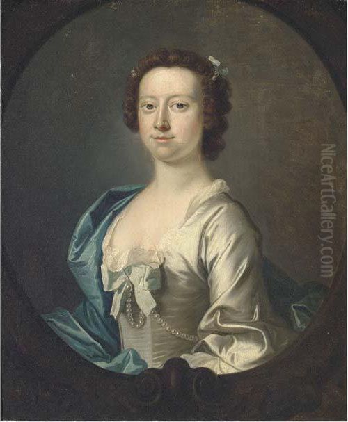 Portrait Of A Lady, Half-length, In A White Dress And Blue Wrap, Ina Sculpted Oval Oil Painting by Thomas Hudson
