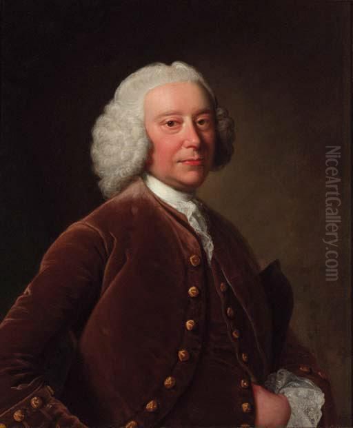 Portrait Of A Gentleman, 
Half-length, In A Brown Coat Andwaistcoat, A Tricorn Under His Arm Oil Painting by Thomas Hudson