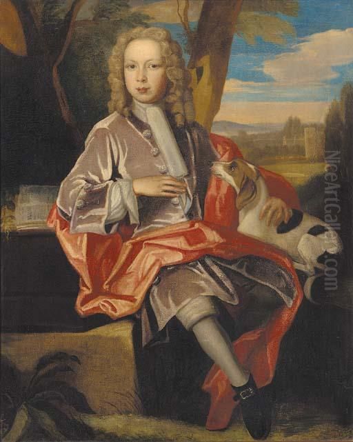 Portrait Of Sir Thomas Dodwell, 
Seated Full-length, In A Grey Coat With A Red Mantle, His Arm Resting On
 A Book, His Dog By His Side, Sandywell Park Beyond Oil Painting by Sir Godfrey Kneller