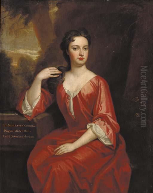 Portrait Of Elizabeth, 
Marchioness Of Carmarthen, Seated Three-quarter-length, In A Red Dress, 
By A Fountain, In A Landscape Oil Painting by Sir Godfrey Kneller