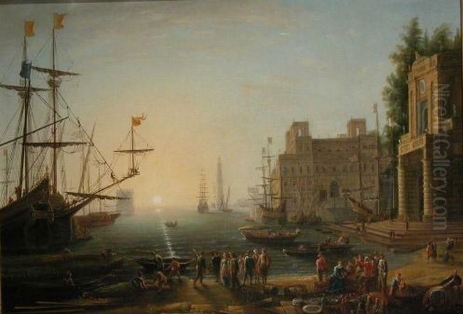 Busy Harbor Oil Painting by Claude Lorrain (Claude Gellee)