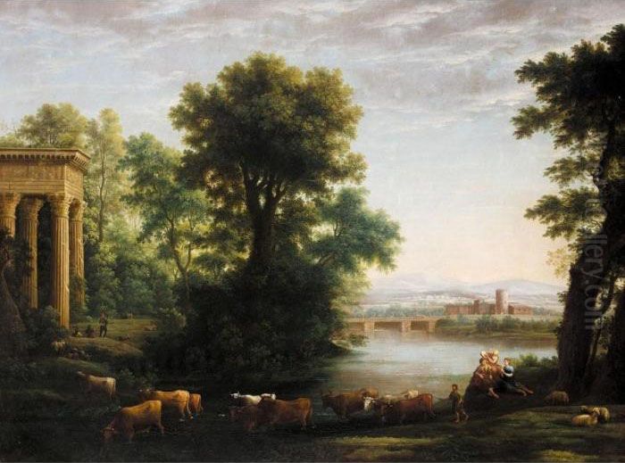 A Pastoral Landscape With Drovers And Cattle Fording A River Before A Classical Portico Oil Painting by Claude Lorrain (Claude Gellee)