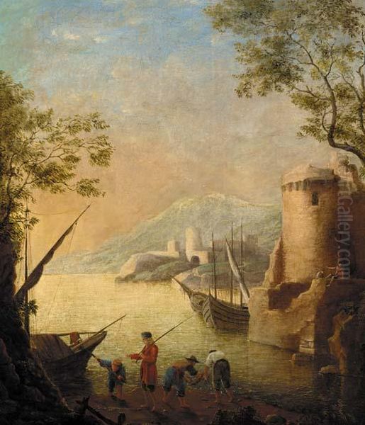 A Harbour At Sunset With Fishermen By The Shore Oil Painting by Claude Lorrain (Claude Gellee)
